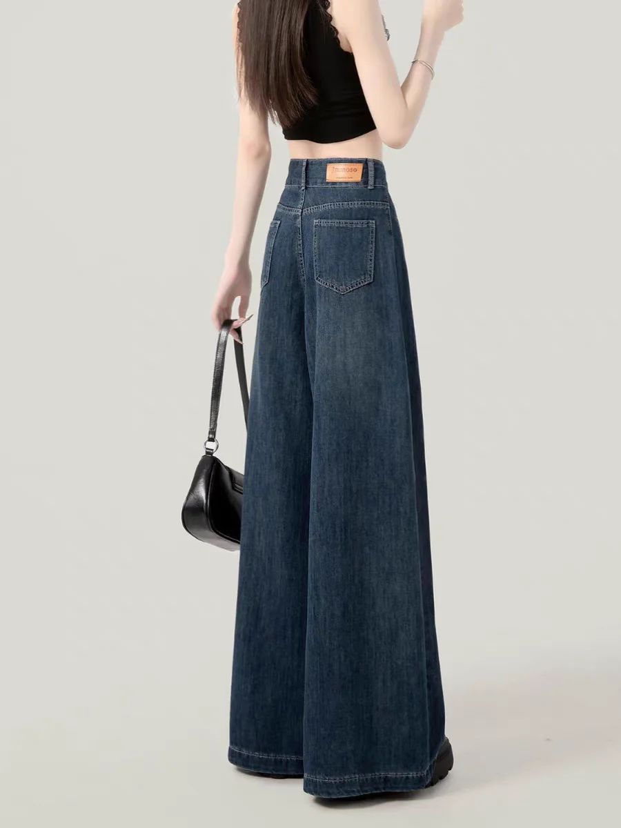 Casual Womens Jeans Autumn Winter High Waist Wide Leg Loose Trousers Vintage Heavyweight Lazy Drape Straight Long Pants