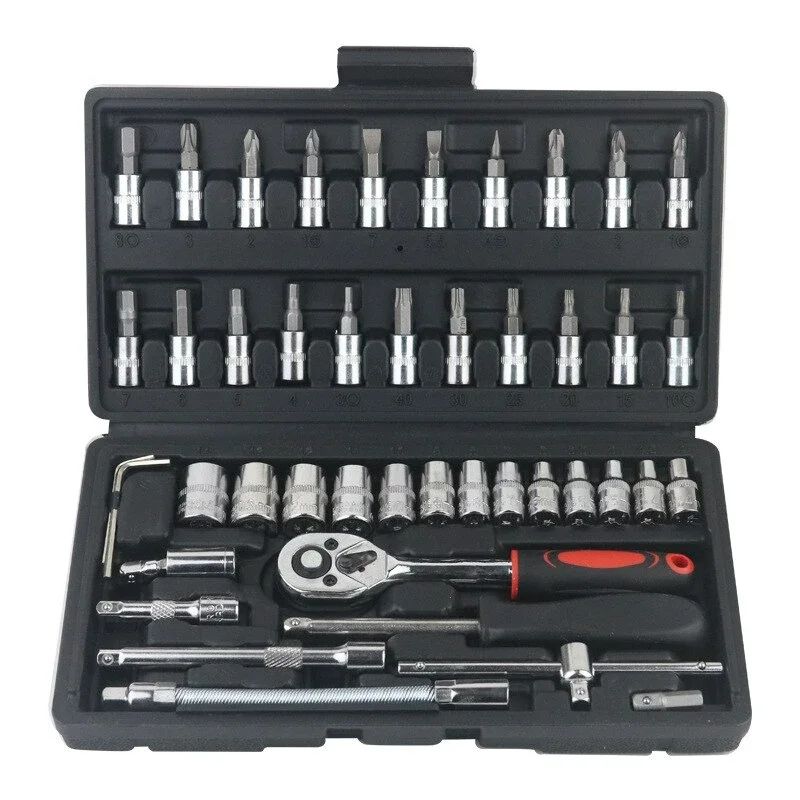 Conjunto de 46 Ferramentas para Reparação Automotiva com Chave Catraca, Chave de Boca, Chave de Fenda e Kit Profissional para Trabalhos em Metal