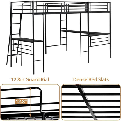 Twin Size L-Shaped Loft Bed with 2 Built-in Desks Metal Heavy-Duty Bunk with Safety Guard Rail And 2 Ladders Corner Bed