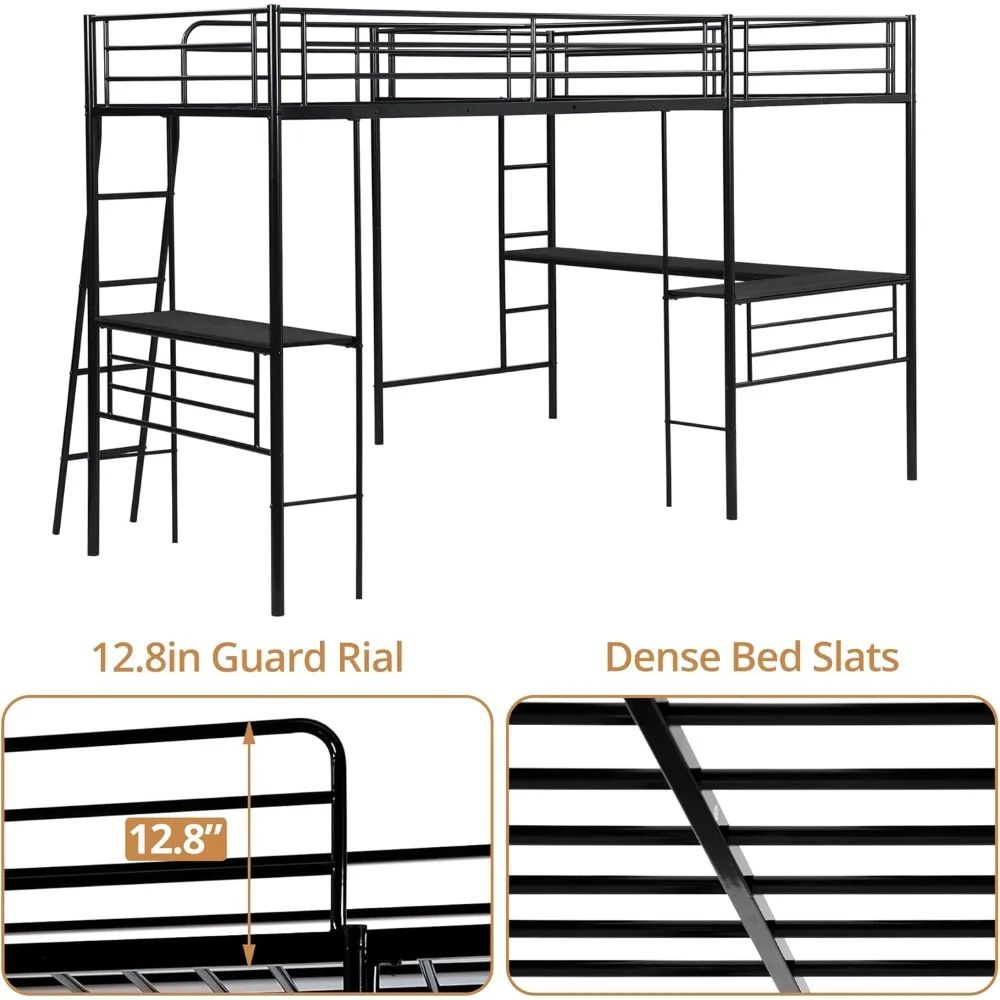 Twin Size L-Shaped Loft Bed with 2 Built-in Desks Metal Heavy-Duty Bunk with Safety Guard Rail And 2 Ladders Corner Bed