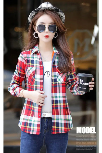 Thickened Fleece Women's Casual Shirt Korean Style All-Match Slim Fit Warm Plaid Elastic Large Size Button down Coat