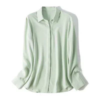 2025 Spring New Women's Silk Shirt Women's Long Sleeve 100% Mulberry Silk Blouse 16 MM White-collar OL Style Shirts For Women
