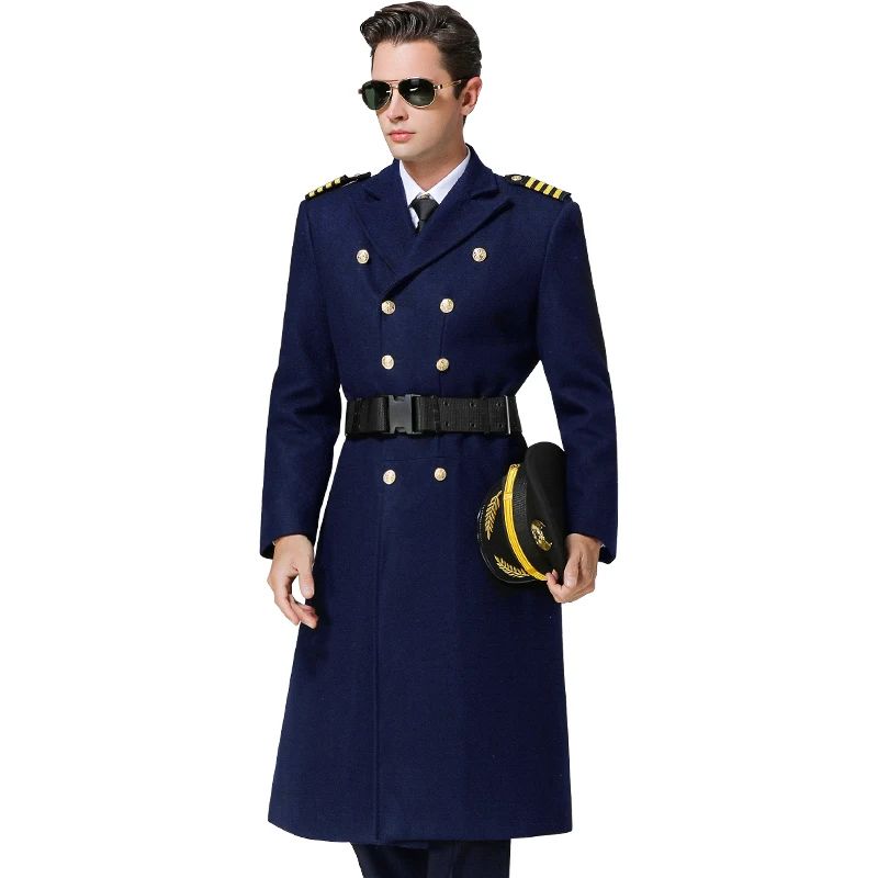 Airline Pilot Men's Woolen Long Jacket Thickened Cotton Wool Blend Trend Coat Air Company Captain Property Concierge Overcoat