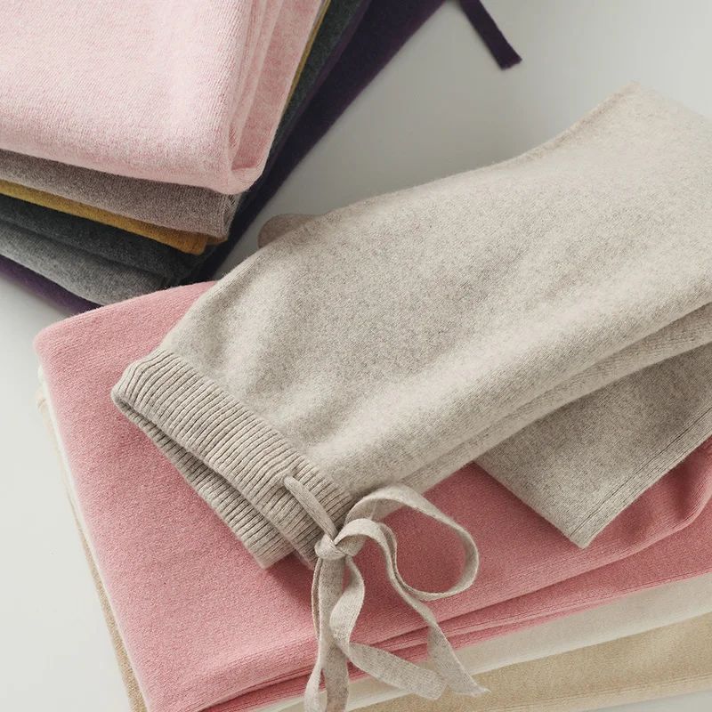 Spring Autumn Women High Waist Wool Wide Leg Pants Solid Soft Warm 100% Merino Wool Knitted Trousers Belt Casual Korean Fashion