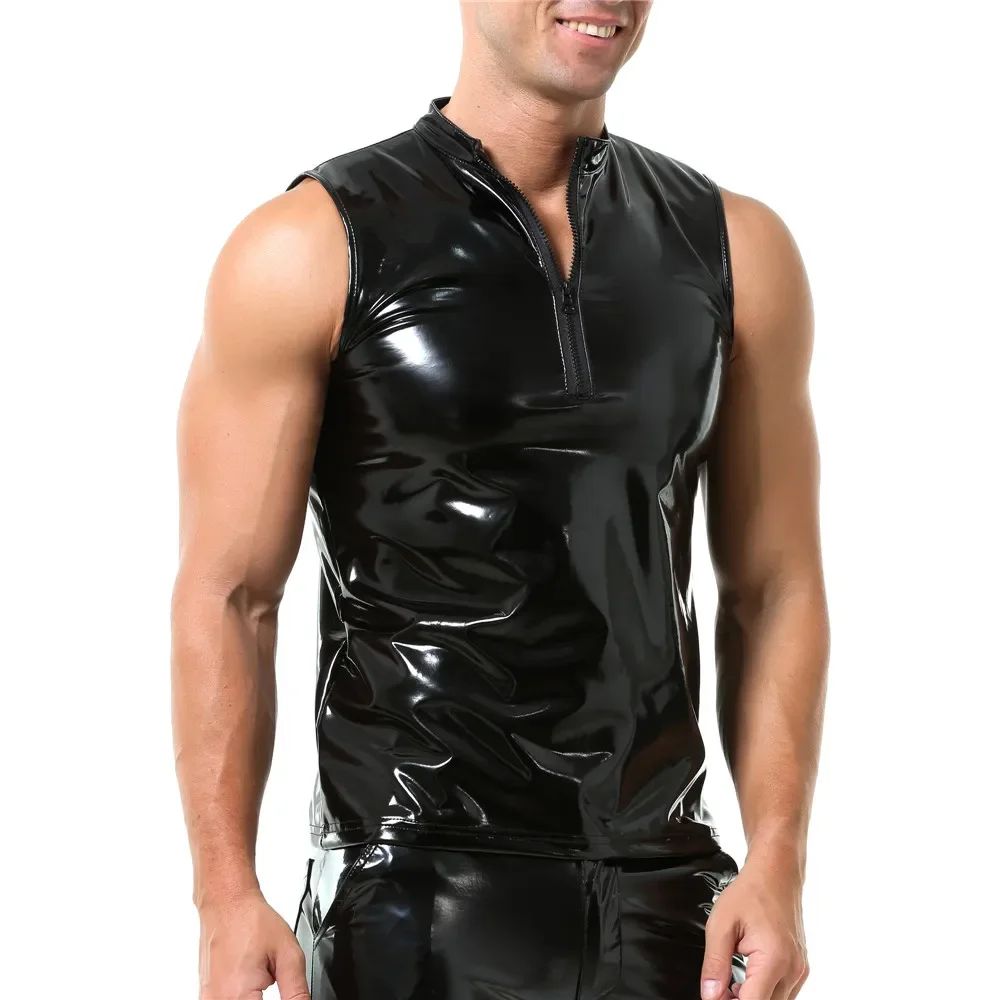 Mens Sexy Shiny PVC Leather Tank Top Vest Erotic Glossy Wet Look Leather T-Shirt Sleeveless Shaping Tank Top Vest Night Clubwear