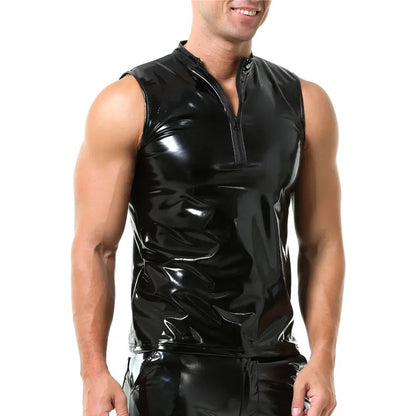 Mens Sexy Shiny PVC Leather Tank Top Vest Erotic Glossy Wet Look Leather T-Shirt Sleeveless Shaping Tank Top Vest Night Clubwear