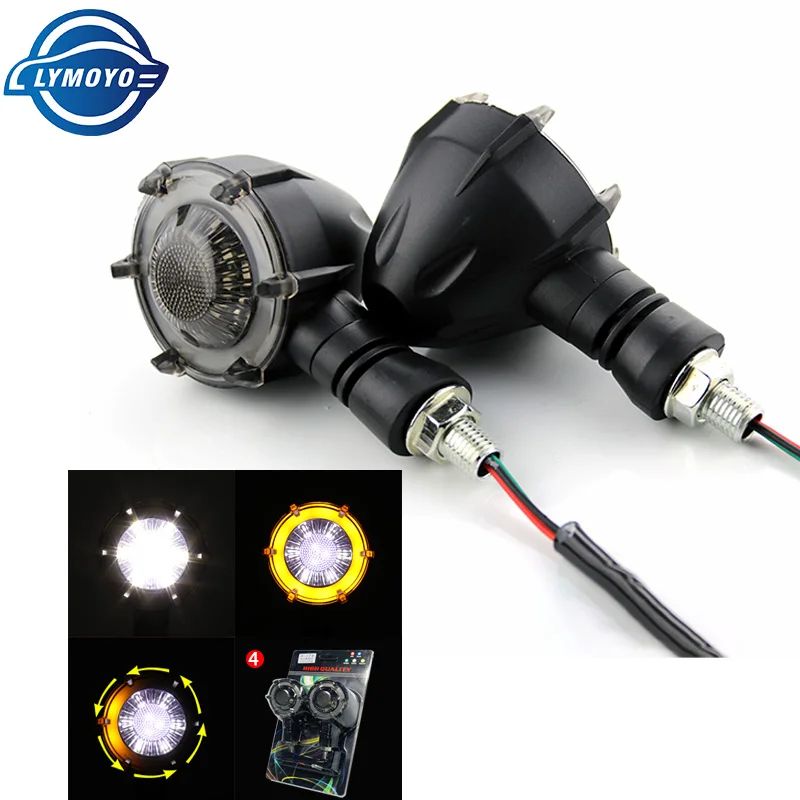 1 Par de Luzes LED de Seta Redondas Halo para Motocicleta, Duas Cores, DRL, Luz de Condução, Luz de Pisca Sequencial, Mini Indicador