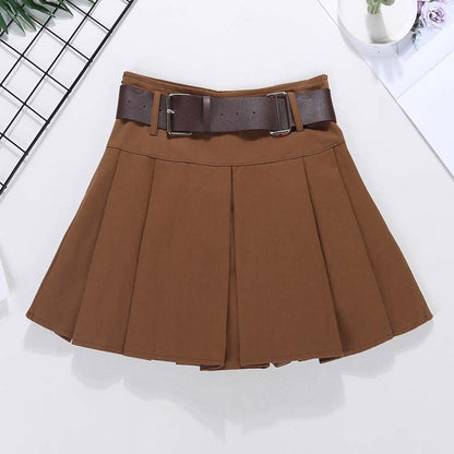 Brown Belted Mini Skirt Low Waisted Pleated Skirt with Belt Women Academia Aesthetic Vintage Outfit