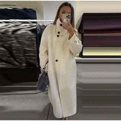 Stand Collar Single Breasted Split Long Coat Women Oversize Elegant Long Sleeve 2025 Autumn Female Outerwear Office Overcoat