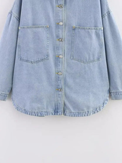 Summer New Style Simple Retro Loose Casual Denim Shirt Jacket Women's Button up Shirt Full Sleeve Regular Fit Blend Fabric