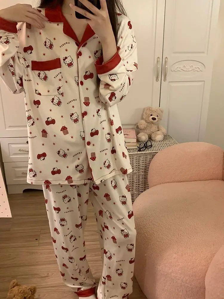 Hello Kitty Women's 2025 Autumn Loose Fit Cardigan Pajama Set Long Sleeve Cozy Home Wear Sleepwear Loungewear Outfit