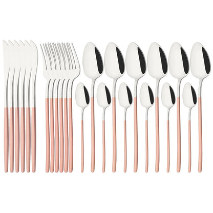 24Pcs Stainless Steel Dinnerware Set Kitchen Fork Spoon Knife Dinner Cutlery Set White Silver Western Flatware Tableware Set