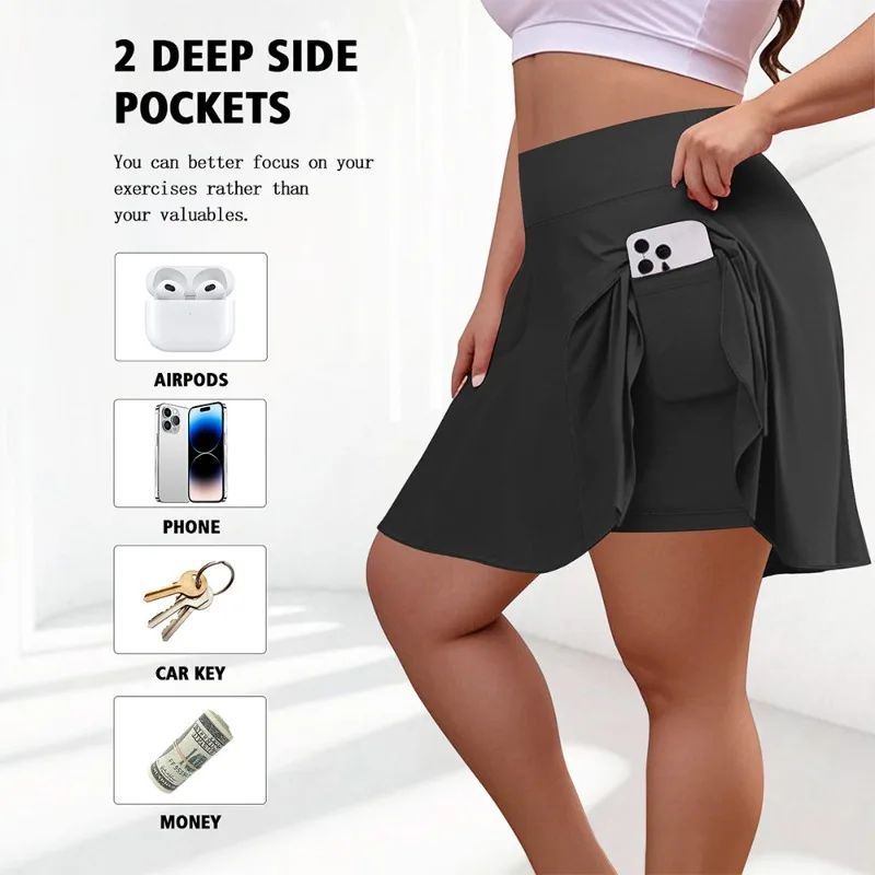 Plus Size Women with Pocket Short Skirt Fitness Short Skirt High Waist Fashion 200lbs Sports Short Skirt Gym Outdoor Solid Skirt