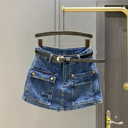 Spring Summer 2025 New Korean Fashion High Waist Denim Short Skirt Women Clothing Trend Sexy Pocket Slim A-line Skirt Female