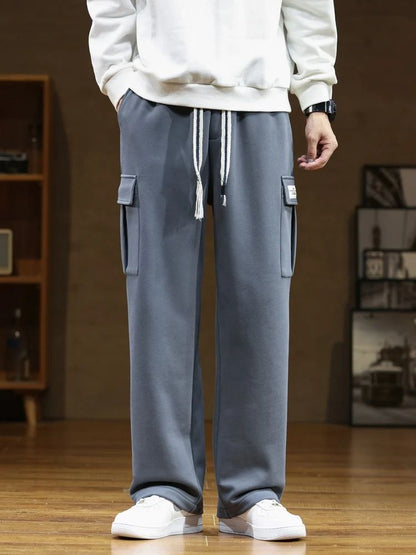 2024 New Sweatpants Men Multi-Pockets Drawstring Cotton Casual Wide Pants Male Loose Straight Trousers Large Size 8XL