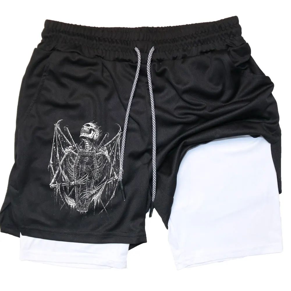 Shorts Men Quick-drying Fitness Skull Print Double Layer Shorts Workout Training Running Bodybuilding Sportwear