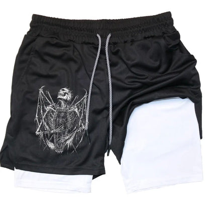 Shorts Men Quick-drying Fitness Skull Print Double Layer Shorts Workout Training Running Bodybuilding Sportwear