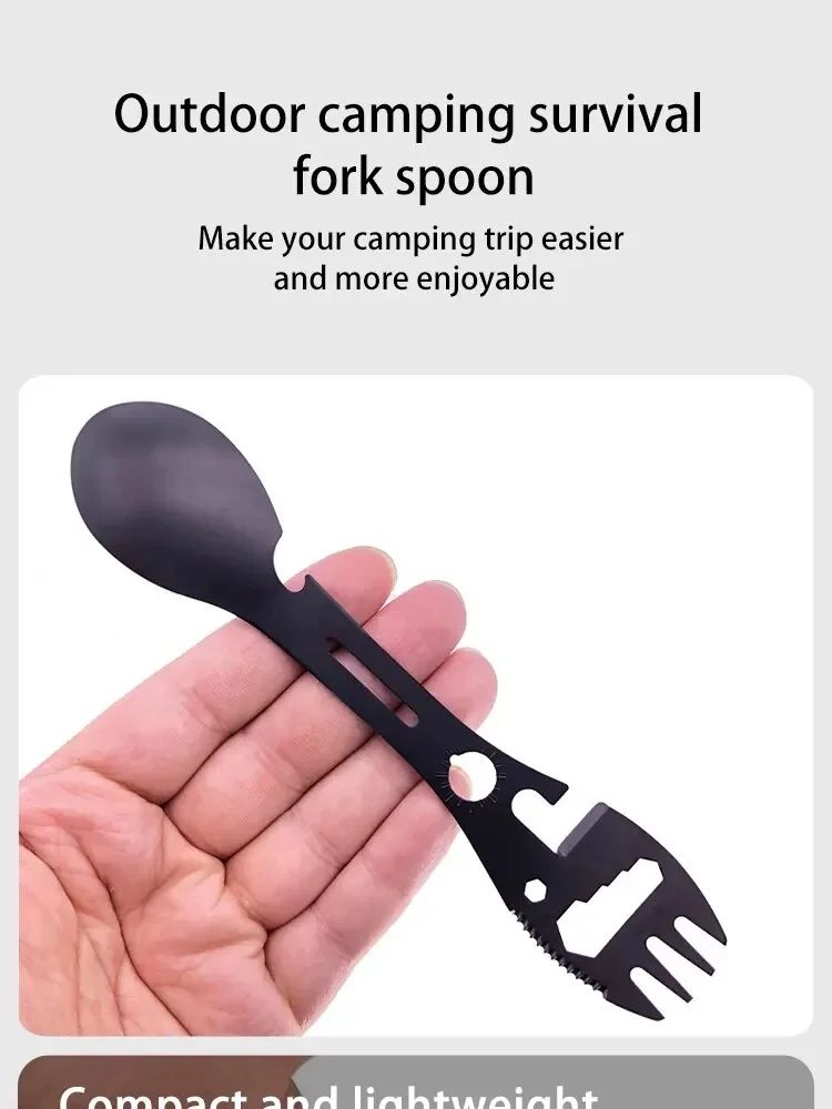 Outdoor Multi-functional 5-in-1 EDC Camping Survival Tool Stainless Steel Fork Knife Spoon Can Opener Bottle Opener Wrench