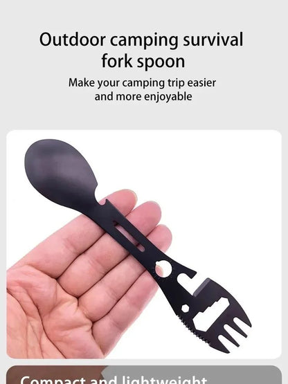 Outdoor Multi-functional 5-in-1 EDC Camping Survival Tool Stainless Steel Fork Knife Spoon Can Opener Bottle Opener Wrench