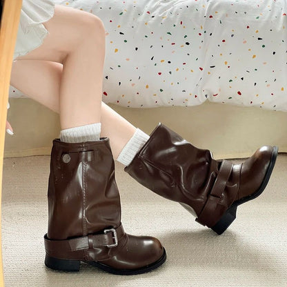 Vintage Thick Heel Women Western Cowboy Boots Fashion Belt Buckle Slip On Shoes Ladies Pleated Short Booties Autumn Winter