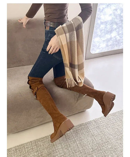 Over The Knee Cowboy Boots Women  Designer Winter Platform Shoes Fashion Fur Suede Wedges Thigh High Boots Motorcycle Shoes 2024