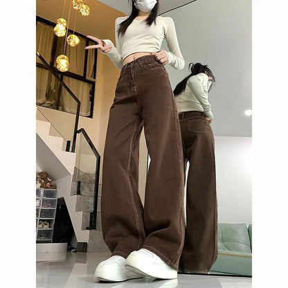 Cafe Brown Versatile Wide Leg Jeans Women's Spring Autumn High Waist Slimming Small Size Loose Drapey Straight Floor-Length Pant