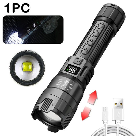 High Strong Power Led Flashlights 2000LM Tactical Torch with Display Light USB Charging Camping Fishing Emergency Zoom Lantern
