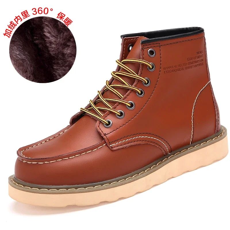 Winter Leather Men Boots Warm Mens Snow Boots with Fur Waterproof Handmade Male Ankle Boots No-slip High Top Male Work Shoes
