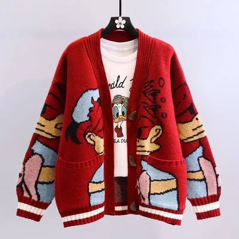Suéter Disney Pato Donald Anime Desenho Animado Casaco Feminino Outono/inverno Cardigã Solto Suéter de Malha Blusa Presente para Menina