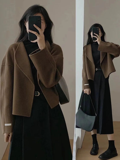 Hebe Style Short Thickened Double-Faced Cashmere Woolen Coat Women's Autumn Winter Fashion Small Size Suit Elegant Feel