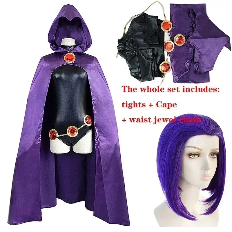 Teen  Raven Cosplay Costume Superhero Cloak Jumpsuits  Halloween Tight clothes + Cape + waist jewelry chain
