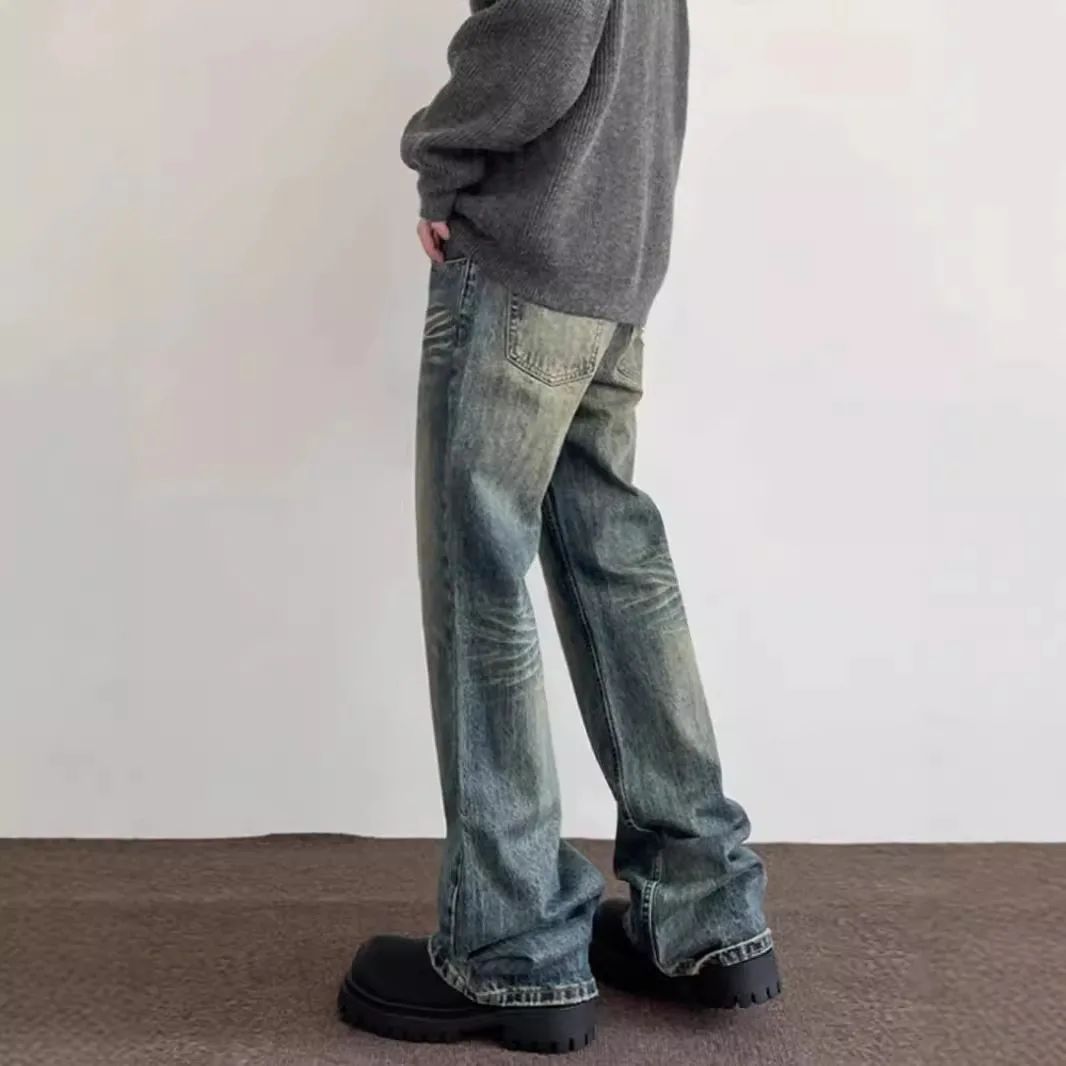 Vintage American Style Men's Straight-Leg Slimming Long Jeans Distressed Washing Denim Pants Trendy Brand Bootcut Pants