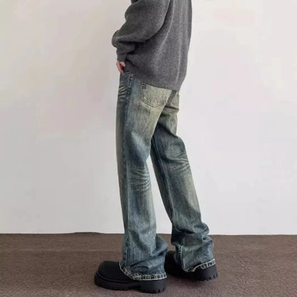 Vintage American Style Men's Straight-Leg Slimming Long Jeans Distressed Washing Denim Pants Trendy Brand Bootcut Pants