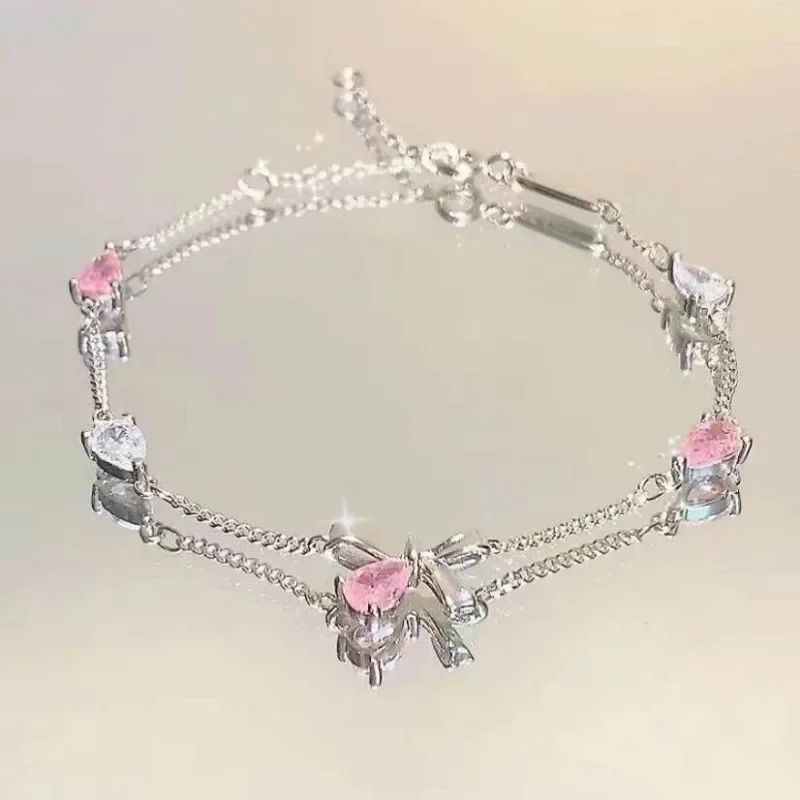 Pulseiras de Flor de Cerejeira de Cristal Rosa Brilhante Para Mulheres Meninas Doces Lua Laço Flores Zircônia Pulseira Festa Estética Joias Egirl