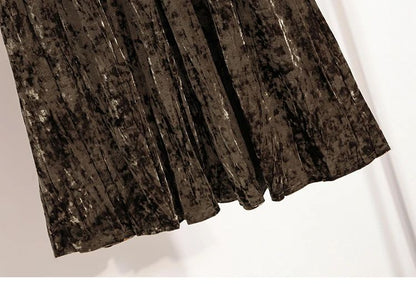 Autumn Winter Girls New A-line Velvet Skirt 2025 Plus Size Gold Velvet Half Pleated Skirt Solid Versatile High Waist Mid Skirt