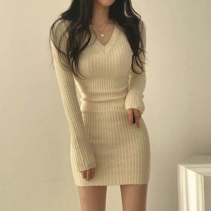 Women Knit Slim Sexy Bodycon Dress V-Neck Long Sleeve Dress Solid Casual Midi Sw