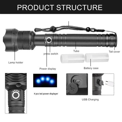 USB Powerful xhp70.2 Flashlight Torch Super Bright Rechargeable Zoom LED Tactical Torch xhp70 18650 or 26650 Battery Camp Lamp