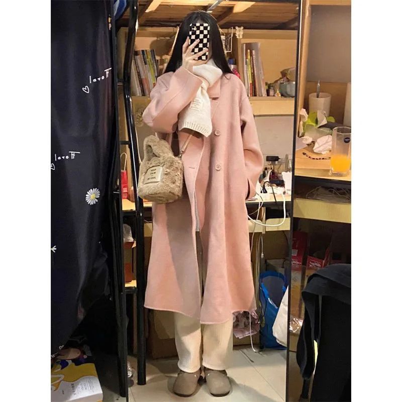 Winter Long Pink Woolen Coat French Hepburn Style Loose Casual Slimming Knee-Length Tweed Outerwear Women's Fashion
