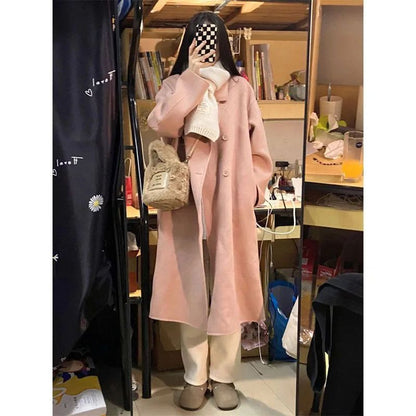 Winter Long Pink Woolen Coat French Hepburn Style Loose Casual Slimming Knee-Length Tweed Outerwear Women's Fashion