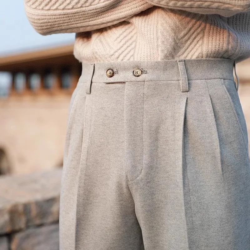 Men's Neapolitan High Waist Autumn Winter Woolen Trousers Straight Leg Drapey No Iron Business Pants Casual Scene