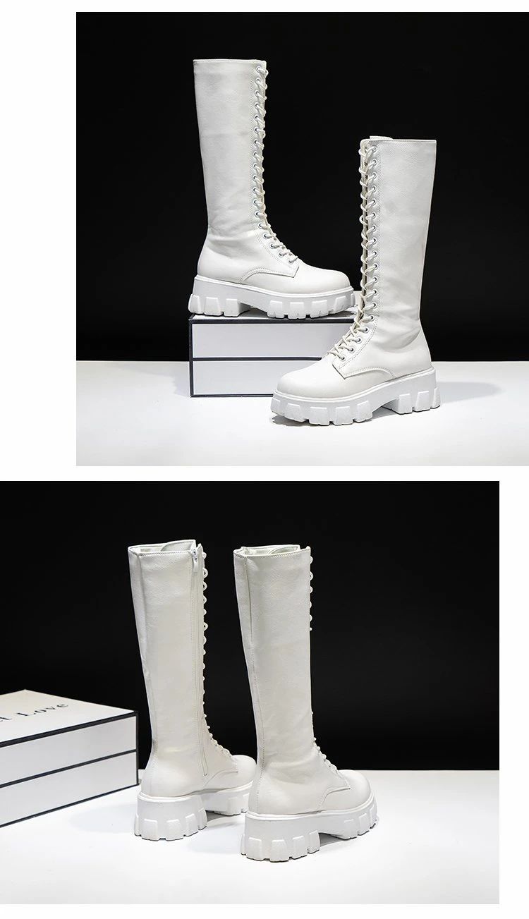 Women's Mid Calf Boots Padded Shoes Knee High Winter Sneakers Punk Style Military Casual White Black 2024 Lucury Platform Woman
