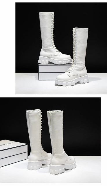 Women's Mid Calf Boots Padded Shoes Knee High Winter Sneakers Punk Style Military Casual White Black 2024 Lucury Platform Woman