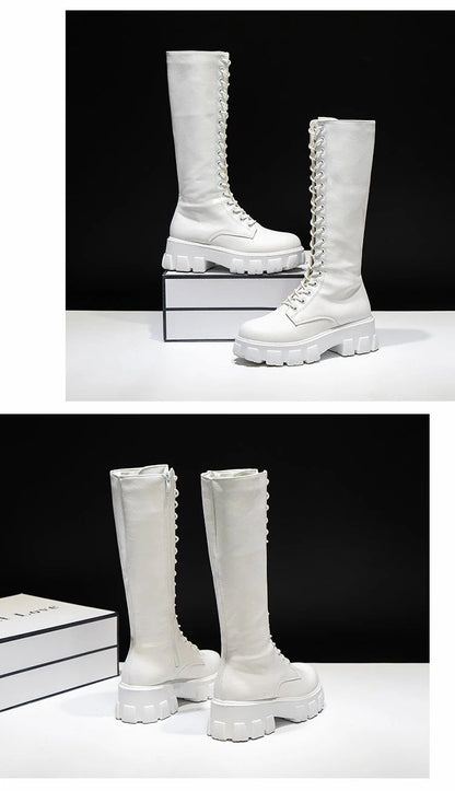 Women's Mid Calf Boots Padded Shoes Knee High Winter Sneakers Punk Style Military Casual White Black 2024 Lucury Platform Woman