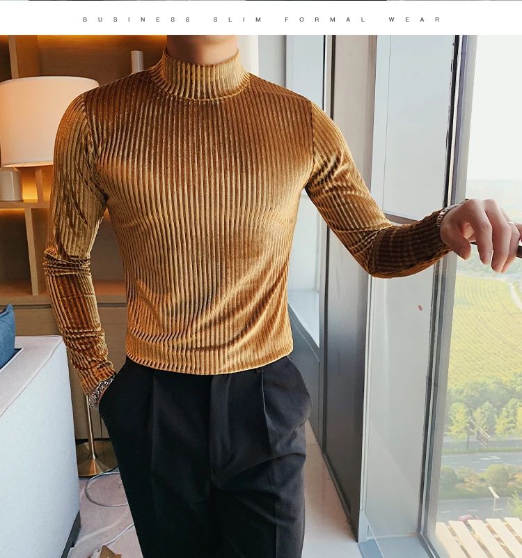 New Gold Velvet T Shirt Men Clothing Fashion Trend Male Luxury Prom Party Long-sleeved Striped Pullover Tops Homme