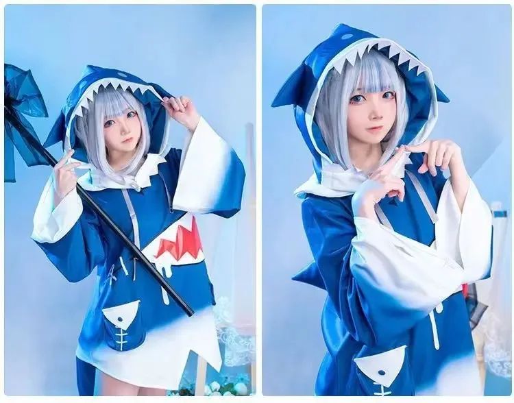 in stock Hololive ENG Gawr Gura Cosplay Costume Cute Shark Costume Hoodie For Women Halloween Youtuber Cosplay