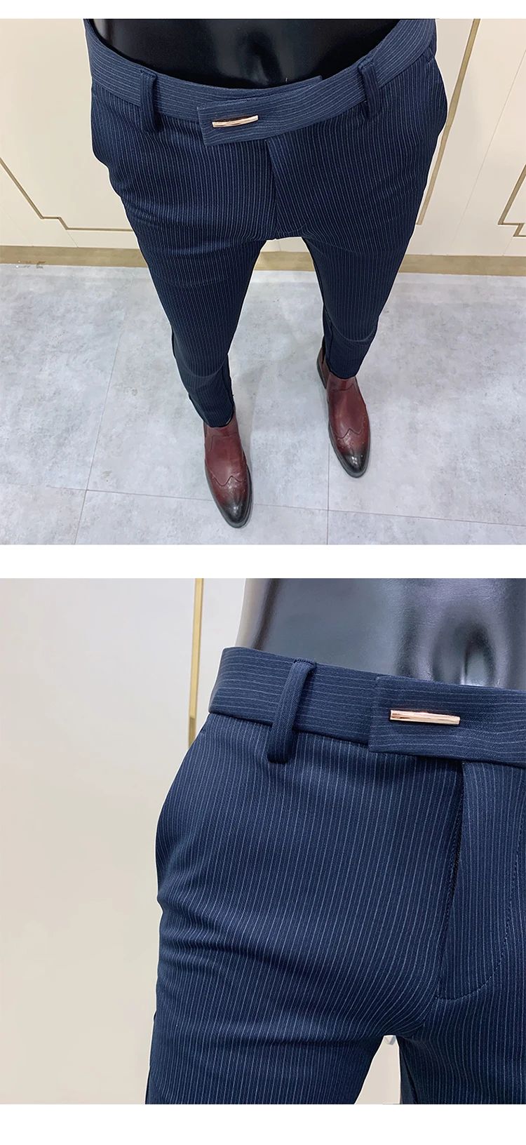 Calça Social Listrada Masculina Slim Fit com Tornozelo Justo Calça Social Masculina para Escritório e Festa Calça Social Masculina para Negócios Slim Fit