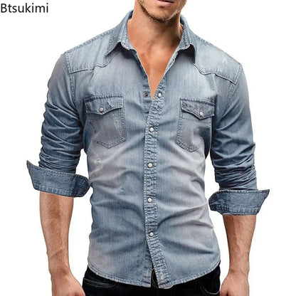New 2025 Men's Denim Shirt Fashion Short Sleeve Soft Solid Slim Cowboy Tops Men Trend Streetwear Vintage Casual Cardigan T-shirt
