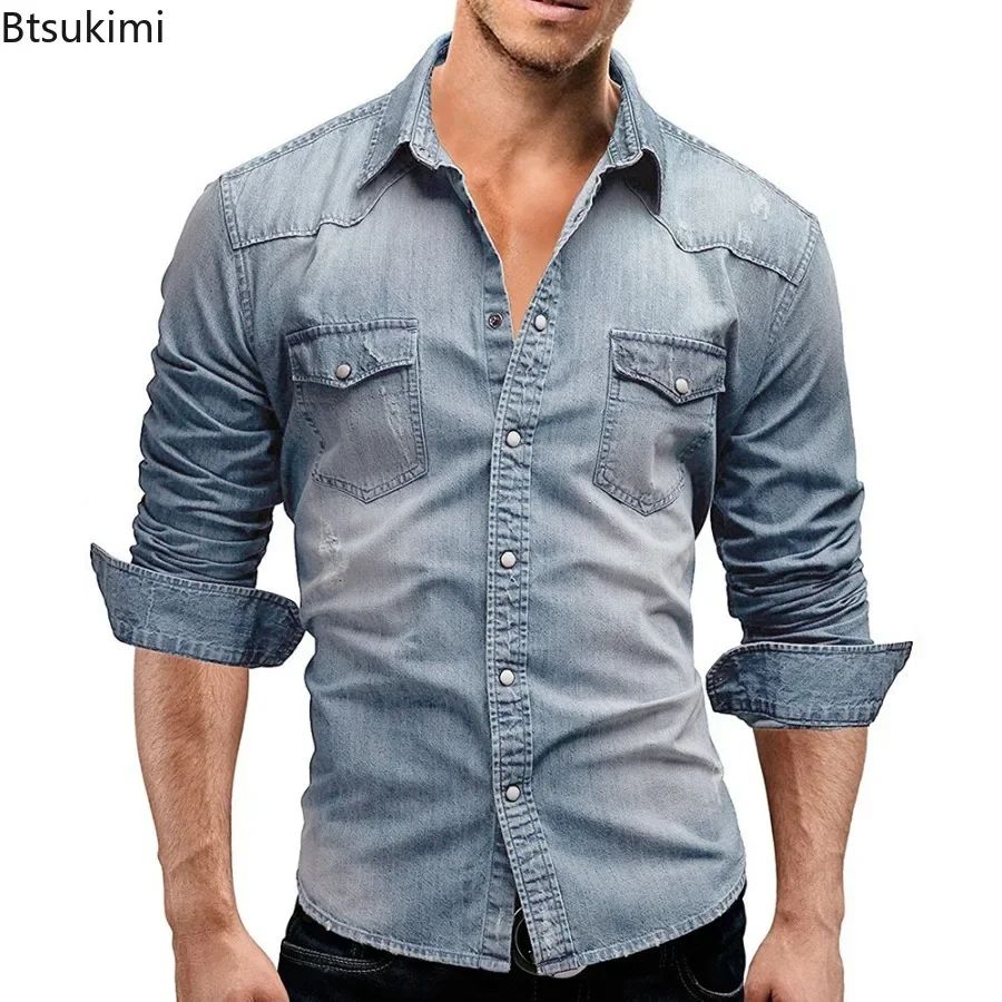 New 2025 Men's Denim Shirt Fashion Short Sleeve Soft Solid Slim Cowboy Tops Men Trend Streetwear Vintage Casual Cardigan T-shirt