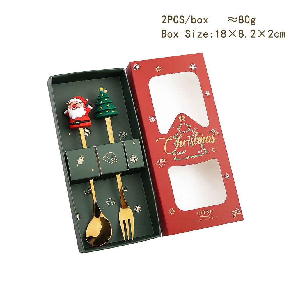 Warm Christmas Gift! Creative Santa Doll Dessert Spoon Fork 2-Piece Set Portable Tableware in Gift Box Sweet Surprise Friends