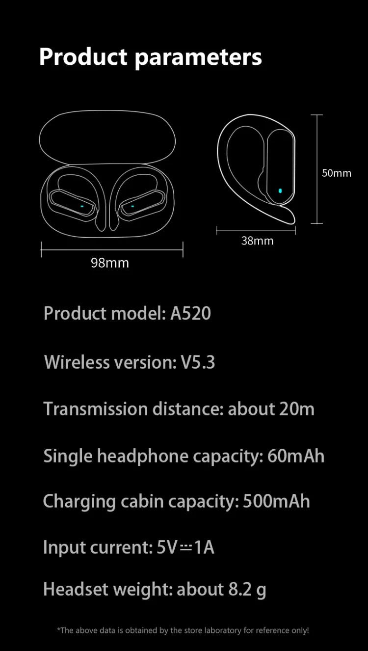 Para Fones de ouvido sem fio CB&JBL Bluetooth TWS A520 Fones de ouvido intra-auriculares Gancho de orelha Fone de ouvido para jogos Controle de toque esportivo com microfone